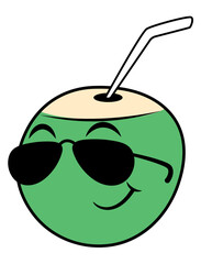 Coconut fruit cartoon characters wearing sunglasses with straw on it. Best for sticker, decoration, logo, and mascot with summer themes