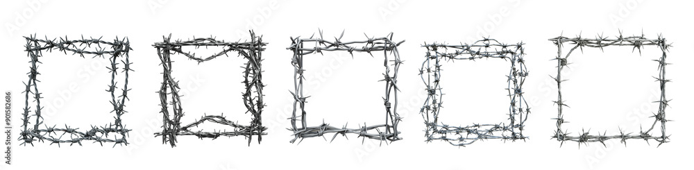 Poster set of barbed wire frames showcase varying shapes, emphasizing their intricate design against a clea