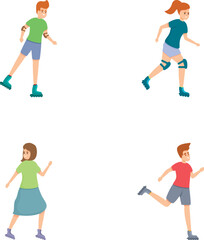 Skater people icons set cartoon vector. Boy and girl roller skating. Sport, outdoor activity