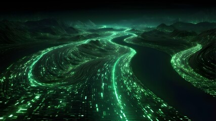 Digital road lit up by a binary code matrix in green. digitally isolated twisting road against a dark background