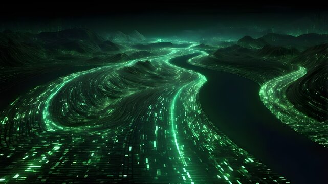Digital road lit up by a binary code matrix in green. digitally isolated twisting road against a dark background - Powered by Adobe