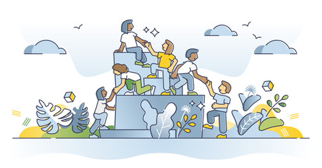 Helping business partners or colleagues to reach company goal outline concept, transparent background. Partnership, collaboration and support scene.