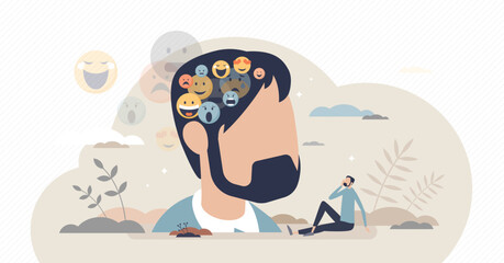 Inner voice as different emotion and feeling reflections tiny person concept, transparent background. Internal voice arguing.