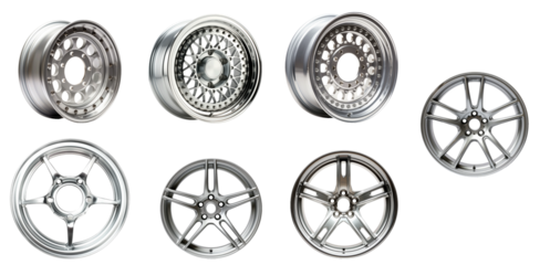 Set of alloy car wheels is showcased, highlighting their unique designs and finishes for automotive lovers