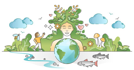 Mother earth as environmental, ecological and green planet outline concept, transparent background. Nature biodiversity conservation and care with protection and preservation illustration. © VectorMine