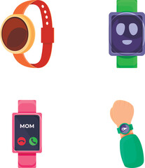 Wrist watch icons set cartoon vector. Various watch with digital display. Electronic gadget