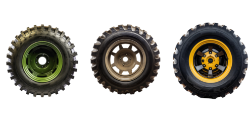 Set of types of vehicle tires are aligned, showcasing variations in design and tread patterns for comparison