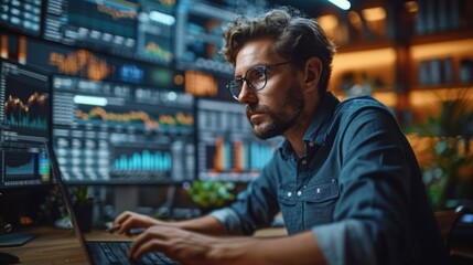 Fototapeta premium Focused Financial Analyst Analyzing Market Data in Modern Office Space During Evening Hours. Generative AI
