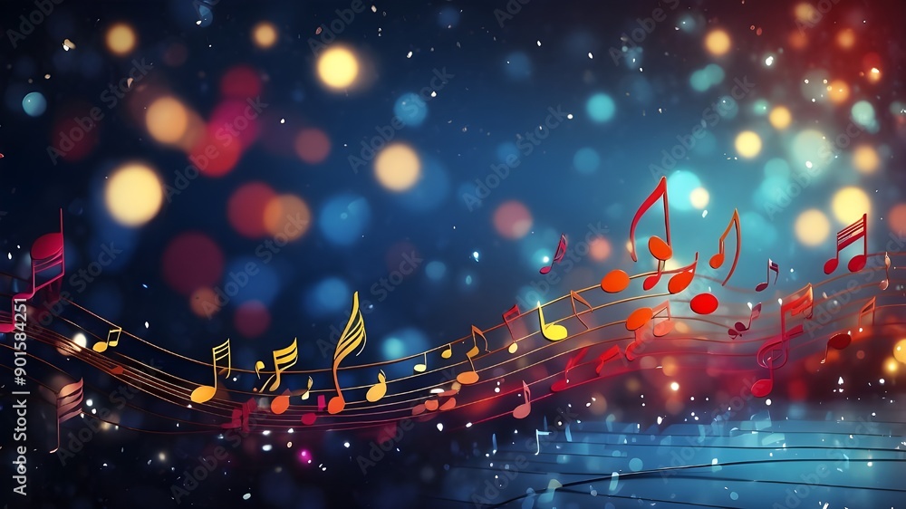 Poster bokeh and musical notes set on an abstract musical backdrop. backdrop of musical notes