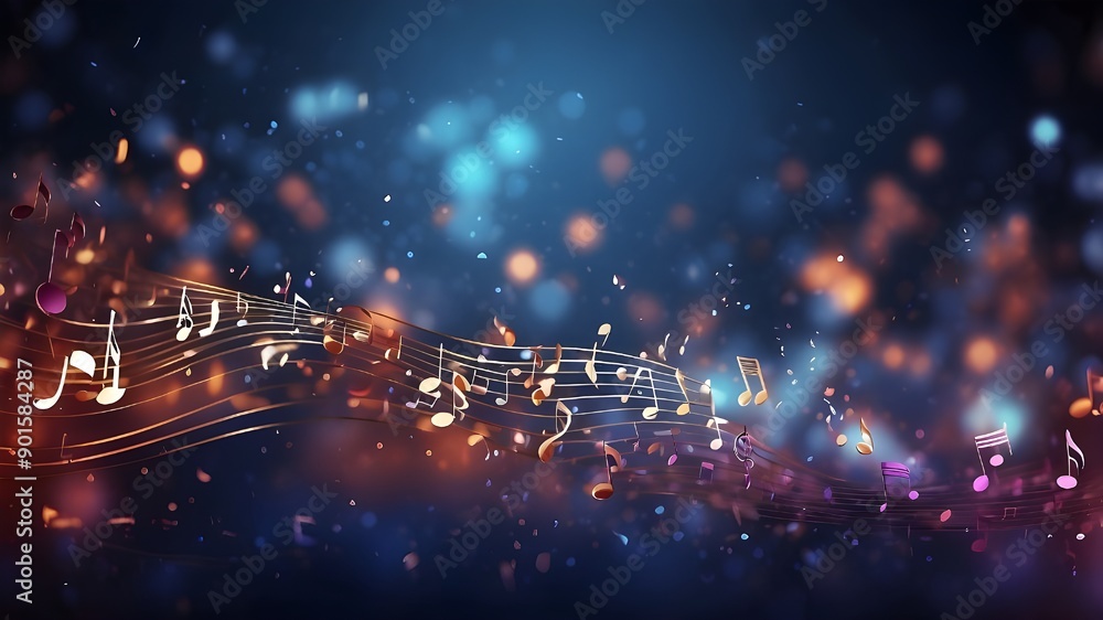 Poster bokeh and musical notes set on an abstract musical backdrop. backdrop of musical notes
