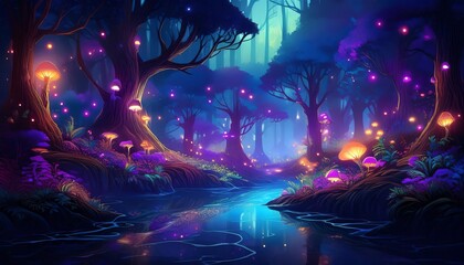 Mesmerizing bioluminescent woodland illuminated by colorful lights and a flowing river at night