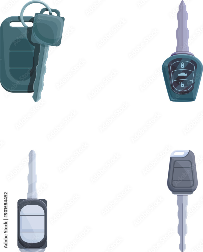 Poster auto key icons set cartoon vector. electronic car key front and alarm system. car device