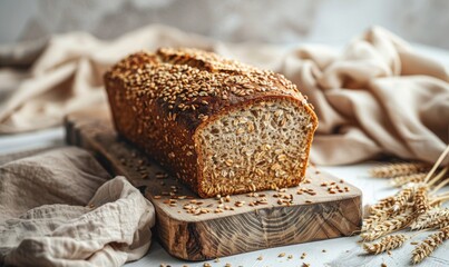 Rustic Artisanal Whole Wheat Bread Adorned with Seeds on Wooden Board: Homemade Baking Perfection. Natural Ingredients and Handcrafted Charm Highlighted by Beige Linen and Wheat Stalks Background. Who
