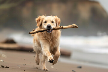 A golden retriever runs across the beach with a stick in its mouth.