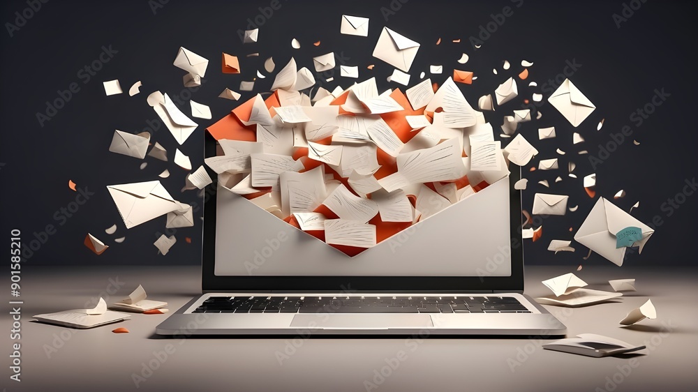 Poster a 3d rendering of a laptop including letters and flying envelopes that represents the idea of email 
