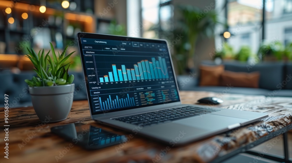 Poster modern workspace featuring laptop displaying financial data with plant and smartphone under natural 