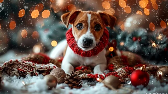 a festive wallpaper featuring cute dog dressed in Santa hats and scarves, christmas decoration tree. seamless looping time-lapse virtual 4k video animation background