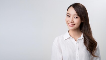 白いシャツを着た髪の長い日本人女性
