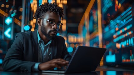 Obraz premium Focused Professional Analyzing Data on Laptop Surrounded by Colorful Digital Displays at Night. Generative AI