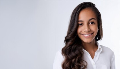 長い黒髪で笑顔の白いシャツを着た外国人女性
