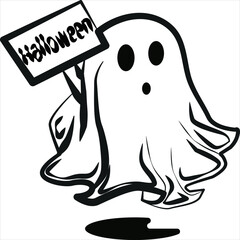 Funny kawaii Halloween cartoon ghost character with a cute mischievous face and raised hands saying 