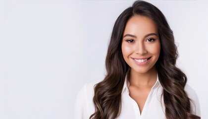 正面を向いた長い黒髪の笑顔の外国人女性
