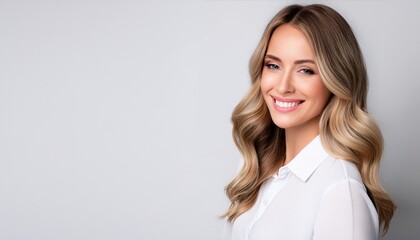 白いシャツを着て笑顔の金髪外国人女性
