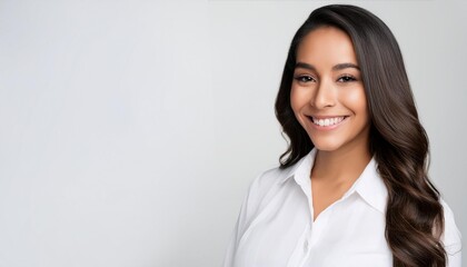 長い黒髪で白いシャツを着た笑顔の外国人女性