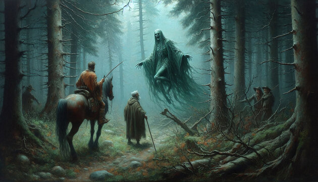 An encounter with a lost banshee in the woods, oil painting