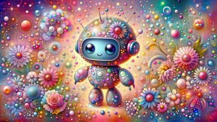 Whimsical Robot Garden. Cute cartoon robot surrounded by colorful flowers and bubbles in a fantastical, psychedelic dreamscape.