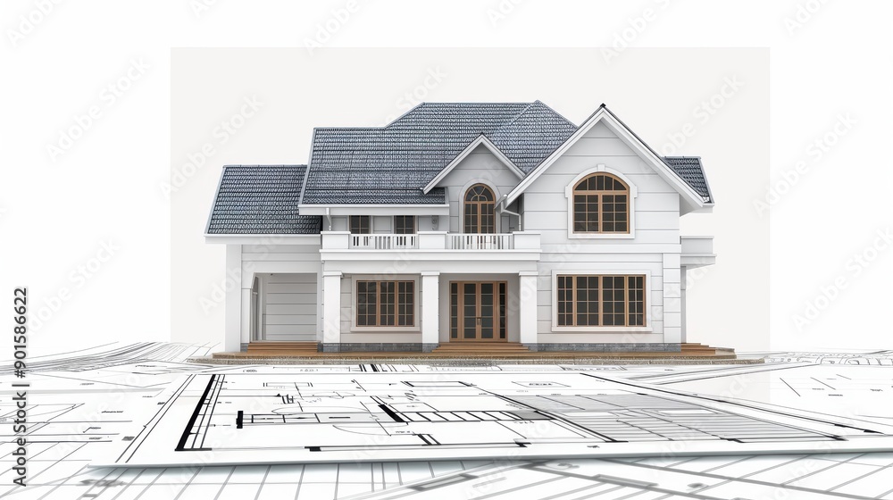 Poster 3d rendering of a house with blueprint.