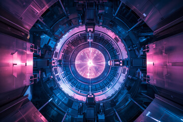 A futuristic fusion power machine with pink and blue lights, showcasing advanced technology and precision engineering.