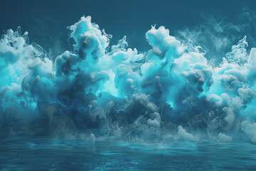 Dynamic smoke clouds are illuminated by a neon turquoise texture. like an underwater scene.