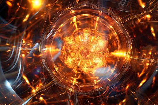 A small glowing sun contained in a fusion reactor, symbolizing energy, limitless power, and futuristic innovation.