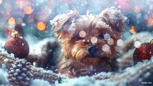 a festive wallpaper featuring cute dog dressed in Santa hats and scarves, christmas decoration tree. seamless looping time-lapse virtual 4k video animation background