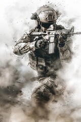 A determined soldier, shrouded in dust, wields an assault rifle in a vintage-inspired digital artwork.