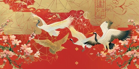 Naklejka premium Red background with cranes and flowers.