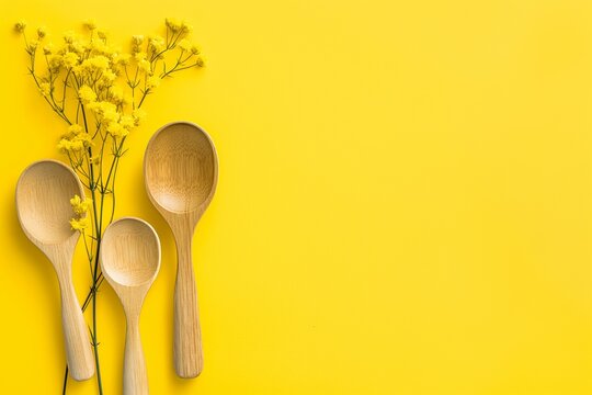 Three wooden spoons arranged with yellow flowers on a vibrant yellow background, combining natural and vibrant elements.