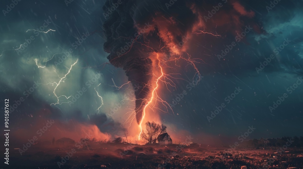 Poster A storm with a tornado and lightning in the background