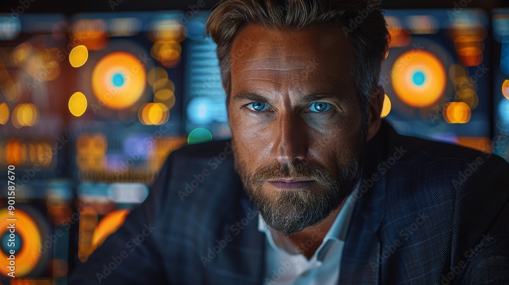 Poster focused businessman analyzing data surrounded by digital displays in modern office environment. gene