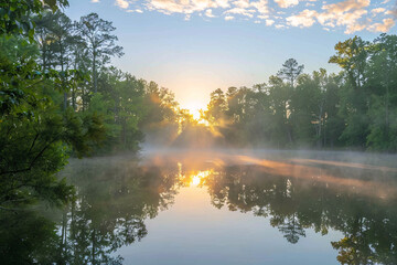 Sunrise over a still lake, with mist rising from the water and trees reflected in the surface.