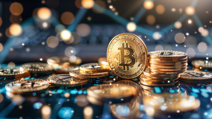 Background of gold money and bitcoin coins is presented in graphic form. Concept of success in business, investment in shares.