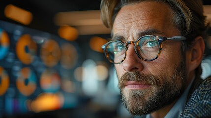 Professional Man Analyzing Data Trends in a Modern Office Setting During Late Afternoon. Generative AI