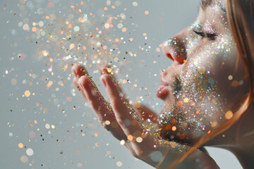 A woman blows glitter into the air, creating a sparkling, magical effect.
