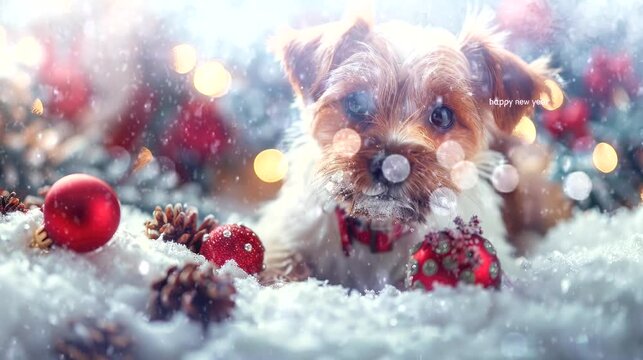 a festive wallpaper featuring cute dog dressed in Santa hats and scarves, christmas decoration tree. seamless looping time-lapse virtual 4k video animation background
