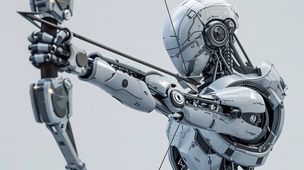 Obraz premium Robot Archer Aiming Bow: A precision-engineered robot drawing back a bow, ready to release an arrow. 