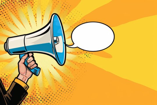 Minimalist comic book style illustration with hand holding megaphone and speech bubble