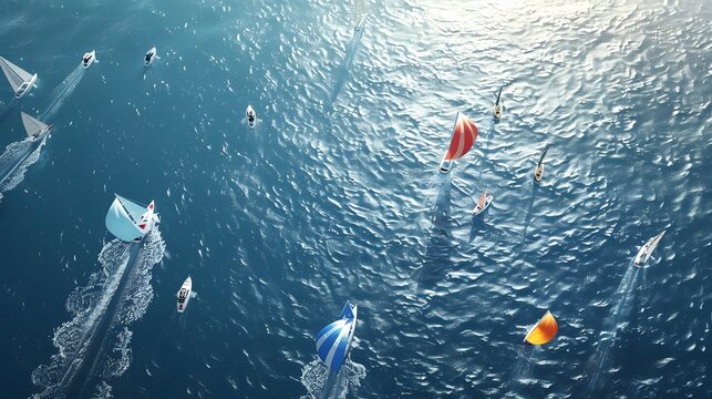 Aerial shot of a sailing competition, with boats maneuvering through the course.