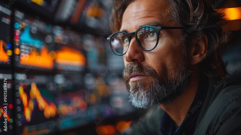 Poster focused trader analyzing market trends in finance center during busy trading hours. generative ai
