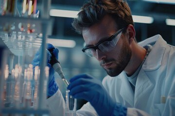 A male scientist in a lab coat and safety goggles carefully uses a pipette to transfer a liquid in a laboratory.